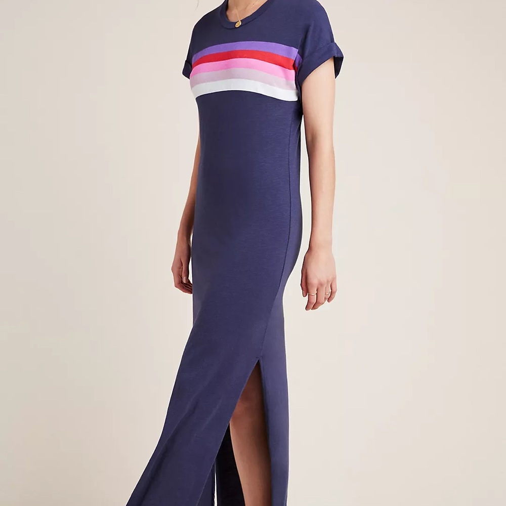 Anthropologie Sundry Verona navy blue striped cotton maxi tee dress size 0 XS